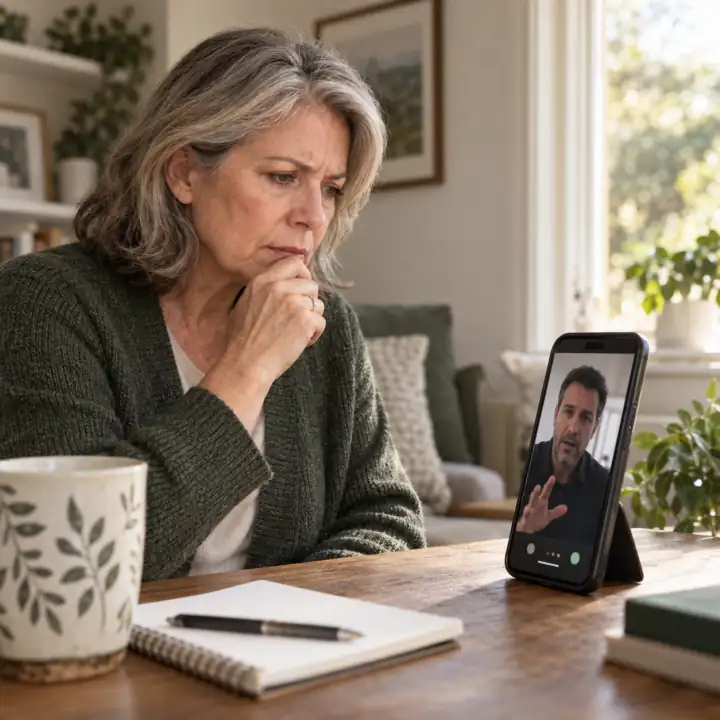 Concept photo of a woman pausing during a practice video call with an insistent caller.