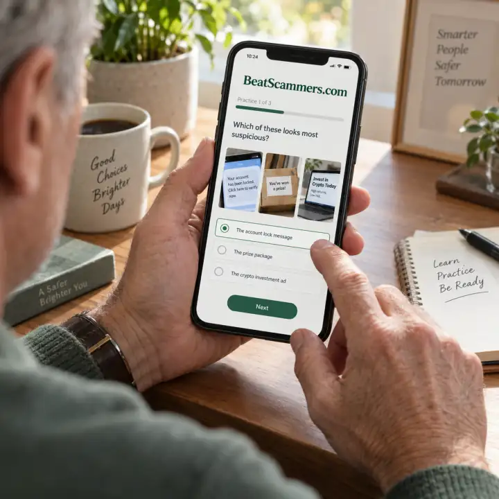 Concept photo of a man practicing image recognition on a BeatScammers.com phone screen.