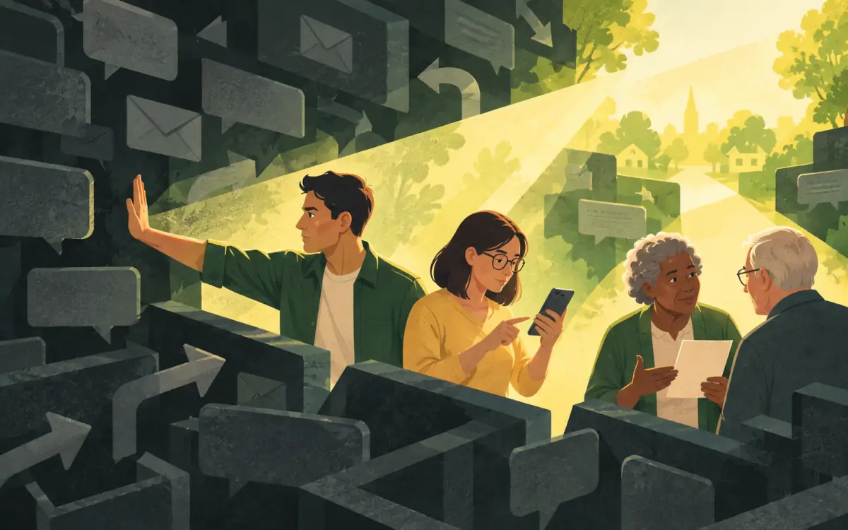 Illustration of neighbors pausing, checking, and sharing information as scam messages recede.