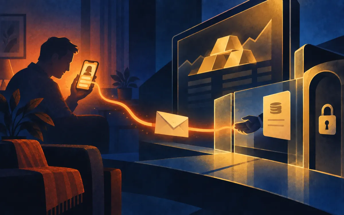 Illustration of an online message leading to a locked, counterfeit trading screen.