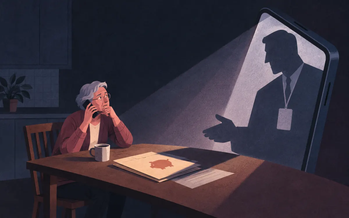 Illustration of an older woman pausing on a call while a false official looms from a phone.