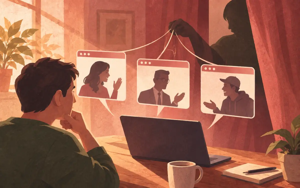 Illustration of several online personas connected to one concealed operator.
