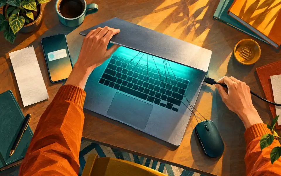 Overhead illustration of hands closing a laptop and disconnecting it after a suspicious refund notice.